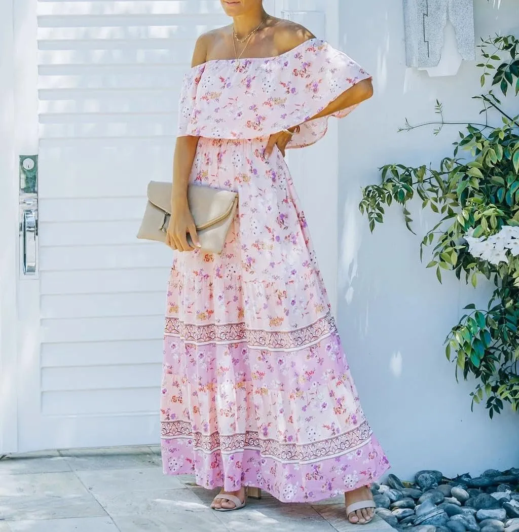 Womens Off Shoulder Boho Floral Maxi Dress 2025 Belted Cinched Waist A-line Dresses Summer Vacation Beach Outfits for Women