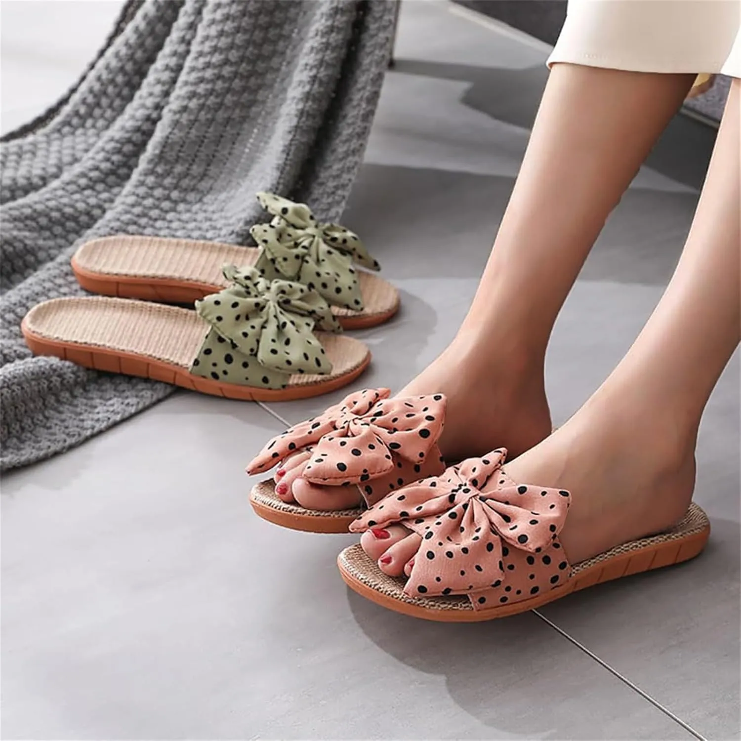 Women's Open-Toe Bow Slippers Fashion Linen Summer Outdoor Beach Shoes Comfy Absorb Sweat Indoor House Slippers Slides Non-Slip Casual Flat Sandals