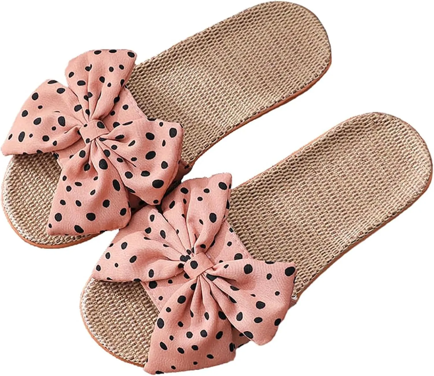Women's Open-Toe Bow Slippers Fashion Linen Summer Outdoor Beach Shoes Comfy Absorb Sweat Indoor House Slippers Slides Non-Slip Casual Flat Sandals