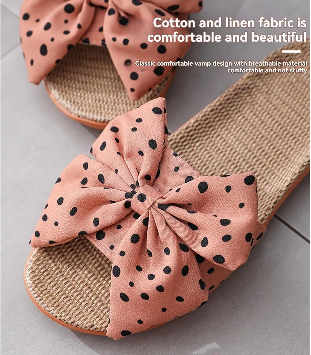 Women's Open-Toe Bow Slippers Fashion Linen Summer Outdoor Beach Shoes Comfy Absorb Sweat Indoor House Slippers Slides Non-Slip Casual Flat Sandals