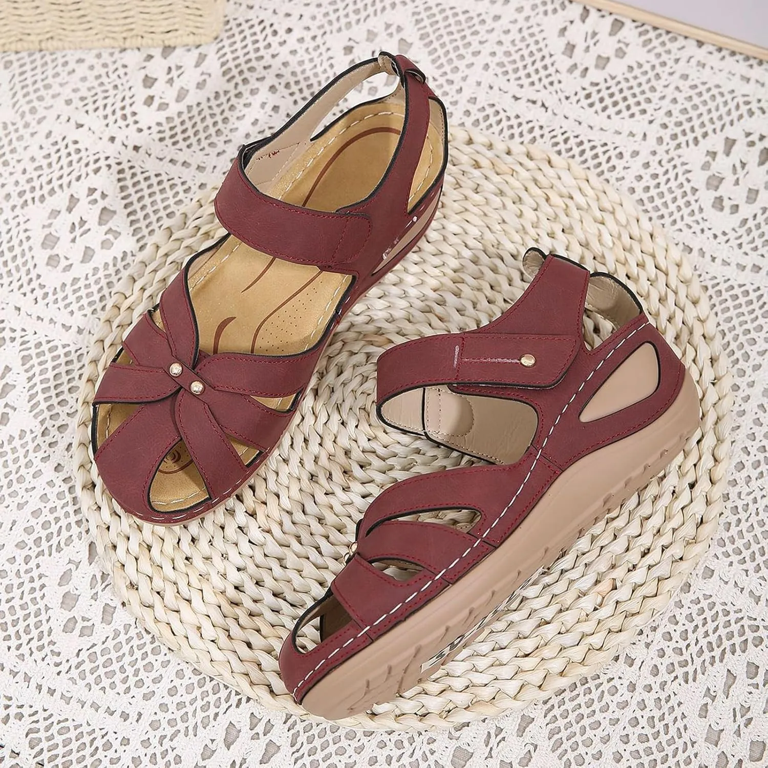 Womens Orthopedic Sandals Comforable Cutout Hook and Loop Wedges Gladiator Sandals, Closed Toe Fisherman Sandal Slip on Buckle Platform Weages Casual Walking Shoes