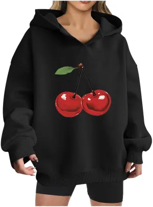 Womens Oversized Cherry Printed Hoodies Pullover Long Sleeve Cute Sweatshirt Tops Loose Fit Casual Tunic Blouses