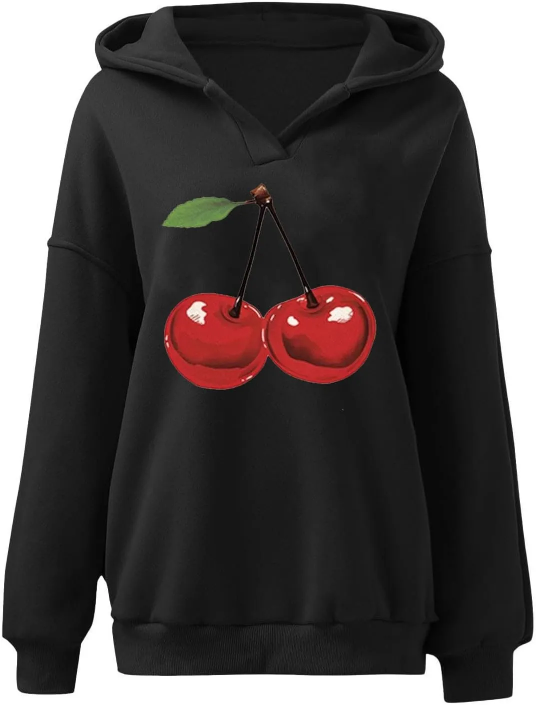Womens Oversized Cherry Printed Hoodies Pullover Long Sleeve Cute Sweatshirt Tops Loose Fit Casual Tunic Blouses