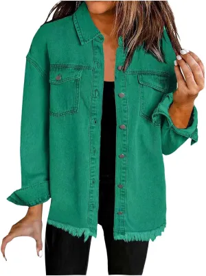 Women's Oversized Denim Jacket Casual Button Up Distressed Boyfriend Jean Jacket Long Sleeve Ripped Western Jacket