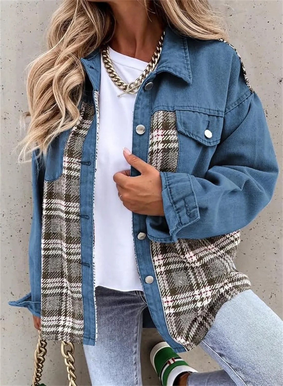 Women's Oversized Denim Jacket Fall Fashion Button Down Lapel Plaid Shacket Casual Long Sleeve Boyfriend Jean Jacket