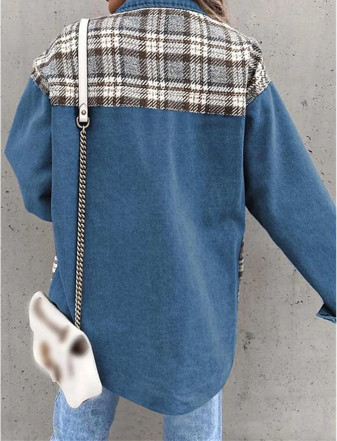 Women's Oversized Denim Jacket Fall Fashion Button Down Lapel Plaid Shacket Casual Long Sleeve Boyfriend Jean Jacket