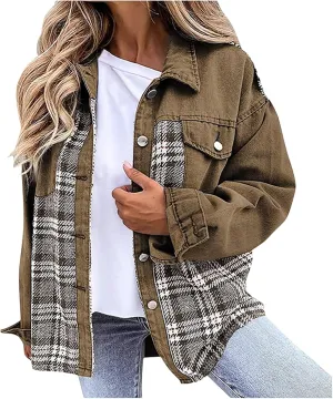 Women's Oversized Denim Jacket Fall Fashion Button Down Lapel Plaid Shacket Casual Long Sleeve Boyfriend Jean Jacket
