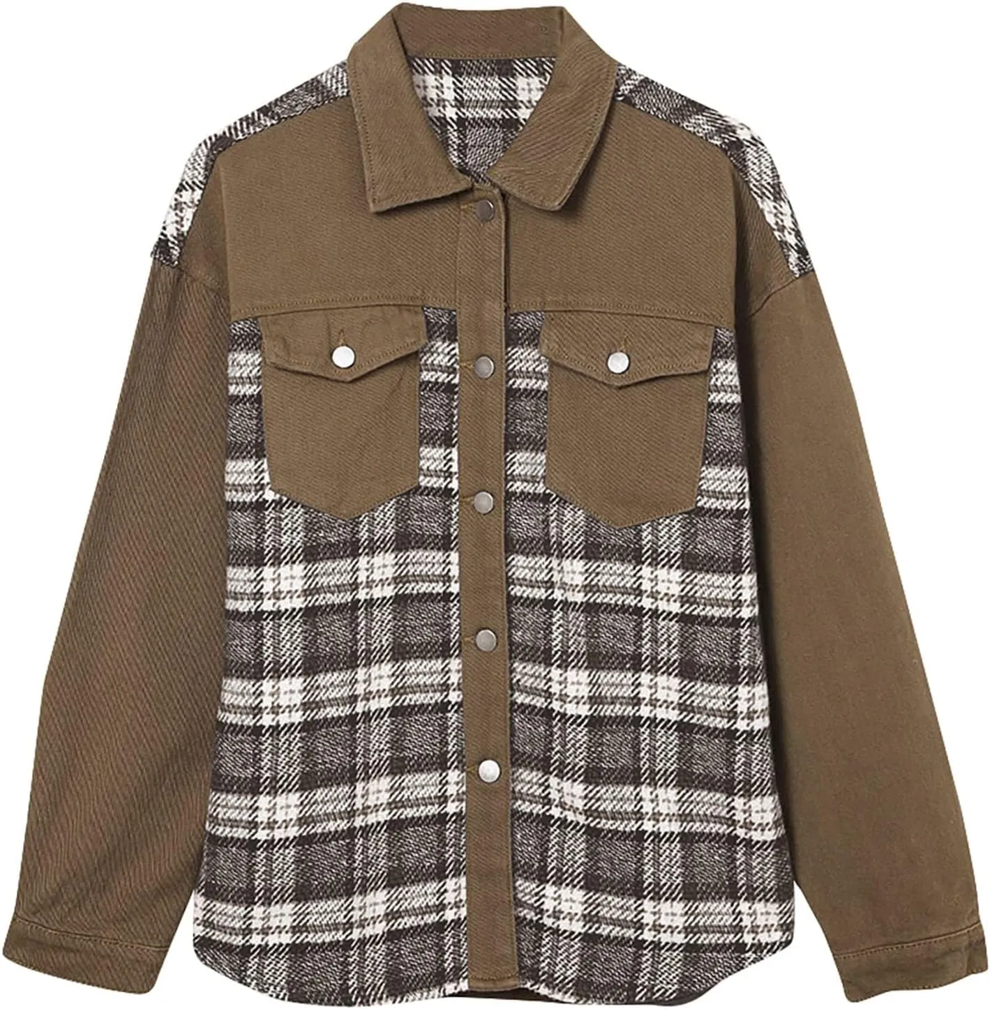 Women's Oversized Denim Jacket Fall Fashion Button Down Lapel Plaid Shacket Casual Long Sleeve Boyfriend Jean Jacket