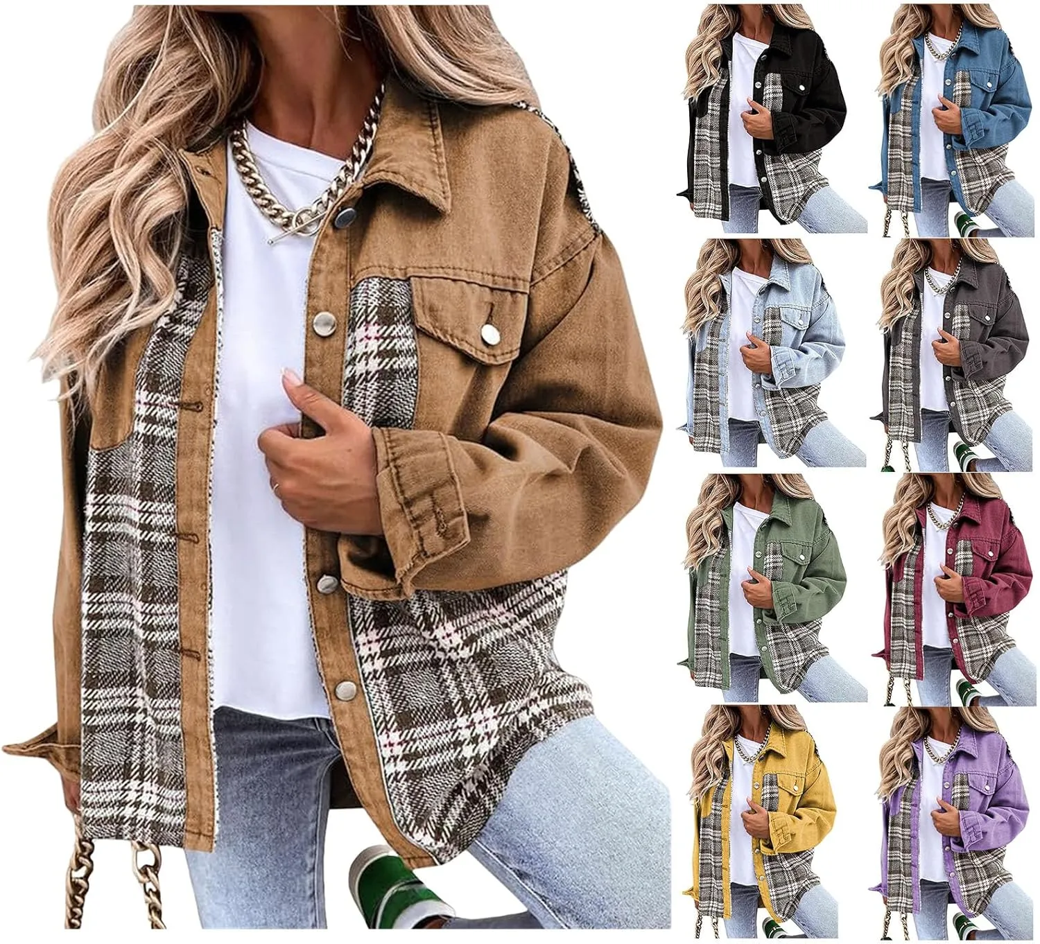 Women's Oversized Denim Jacket Fall Fashion Button Down Lapel Plaid Shacket Casual Long Sleeve Boyfriend Jean Jacket
