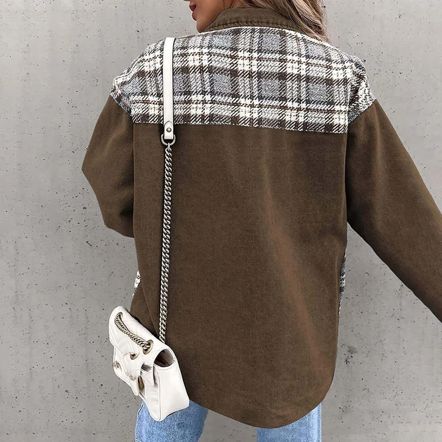 Women's Oversized Denim Jacket Fall Fashion Button Down Lapel Plaid Shacket Casual Long Sleeve Boyfriend Jean Jacket