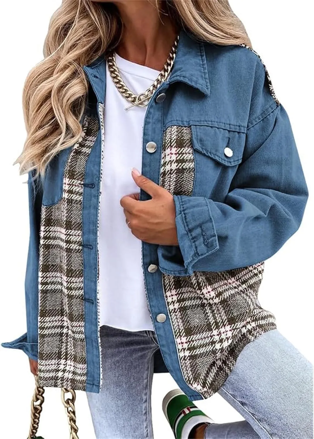 Women's Oversized Denim Jacket Fall Fashion Button Down Lapel Plaid Shacket Casual Long Sleeve Boyfriend Jean Jacket