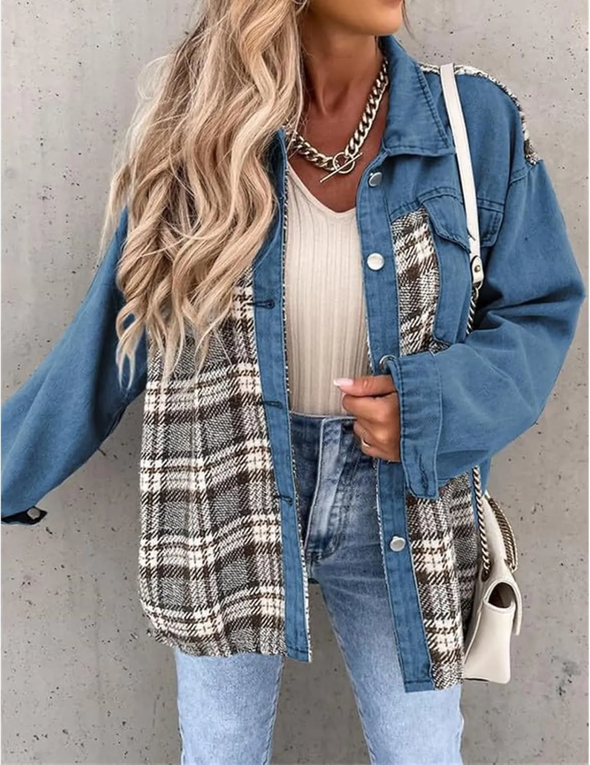Women's Oversized Denim Jacket Fall Fashion Button Down Lapel Plaid Shacket Casual Long Sleeve Boyfriend Jean Jacket