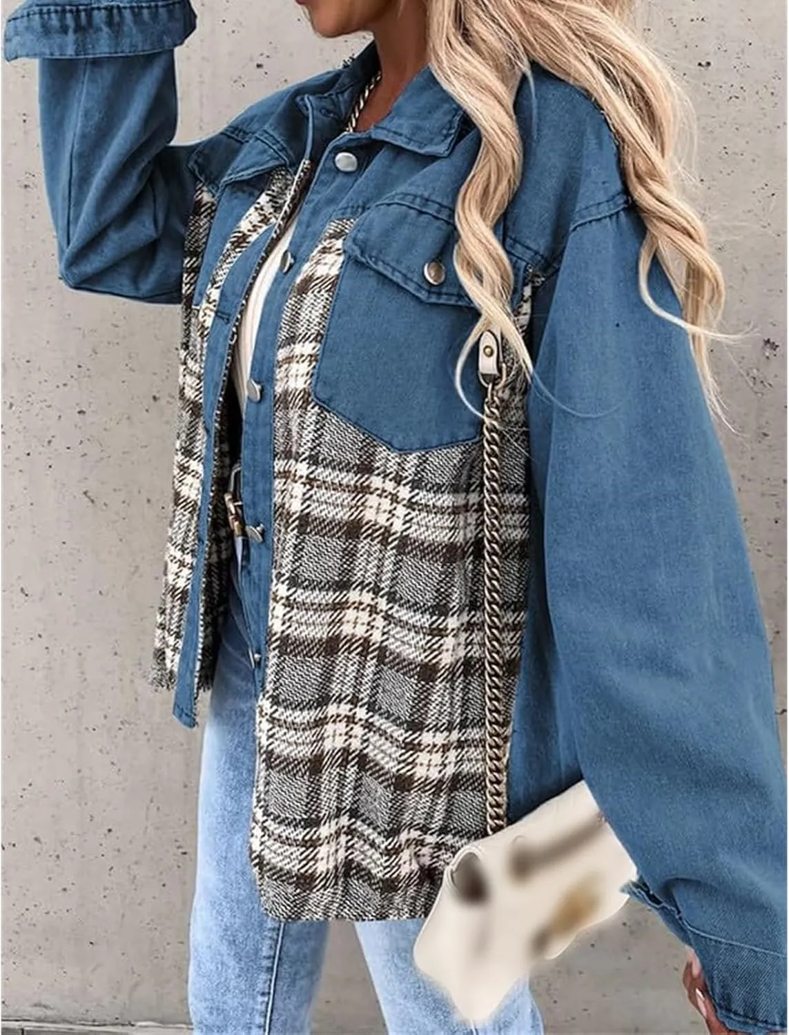 Women's Oversized Denim Jacket Fall Fashion Button Down Lapel Plaid Shacket Casual Long Sleeve Boyfriend Jean Jacket