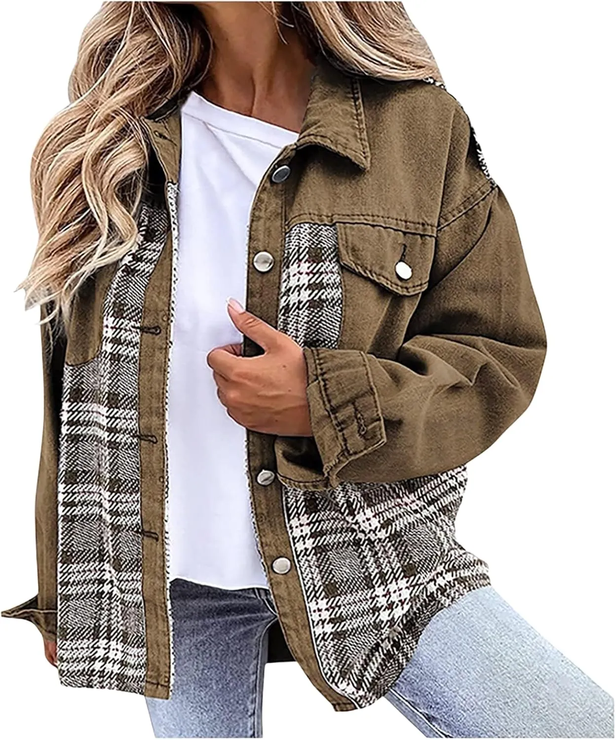 Women's Oversized Denim Jacket Fall Fashion Button Down Lapel Plaid Shacket Casual Long Sleeve Boyfriend Jean Jacket