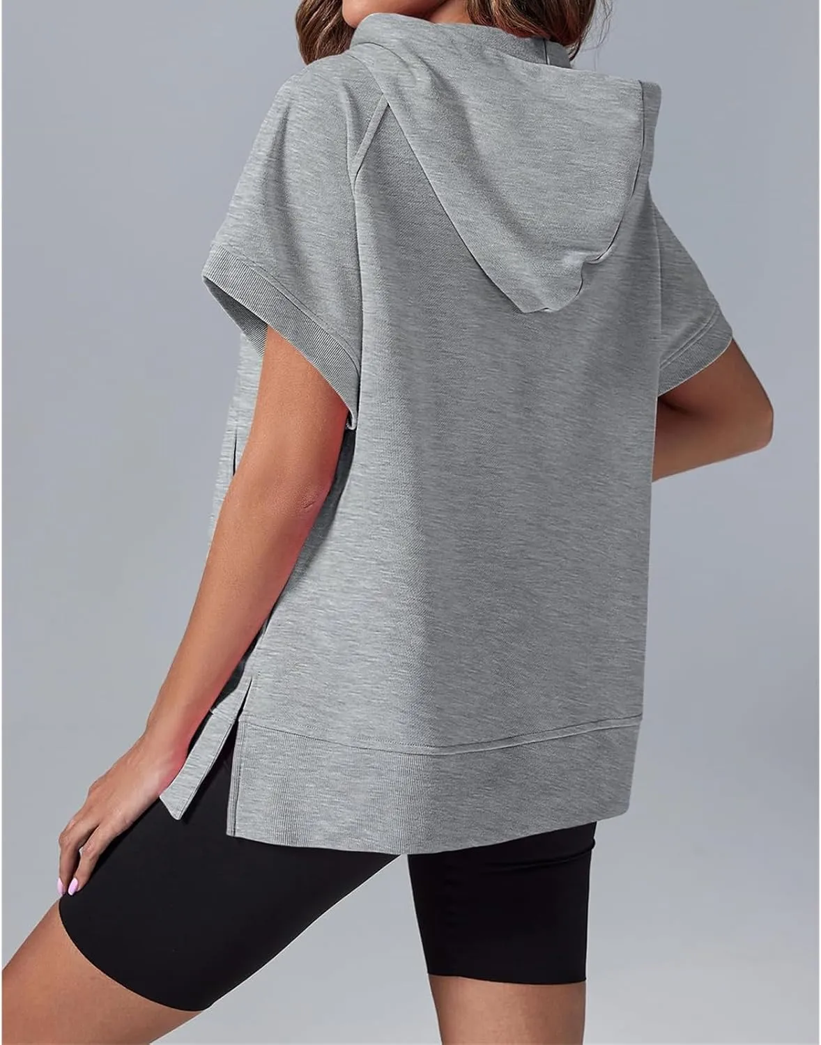 Womens Oversized Half Zip Hoodies Short Sleeve Sweatshirts Casual Loose Fit Shirts Summer Pullover Tops with Pockets