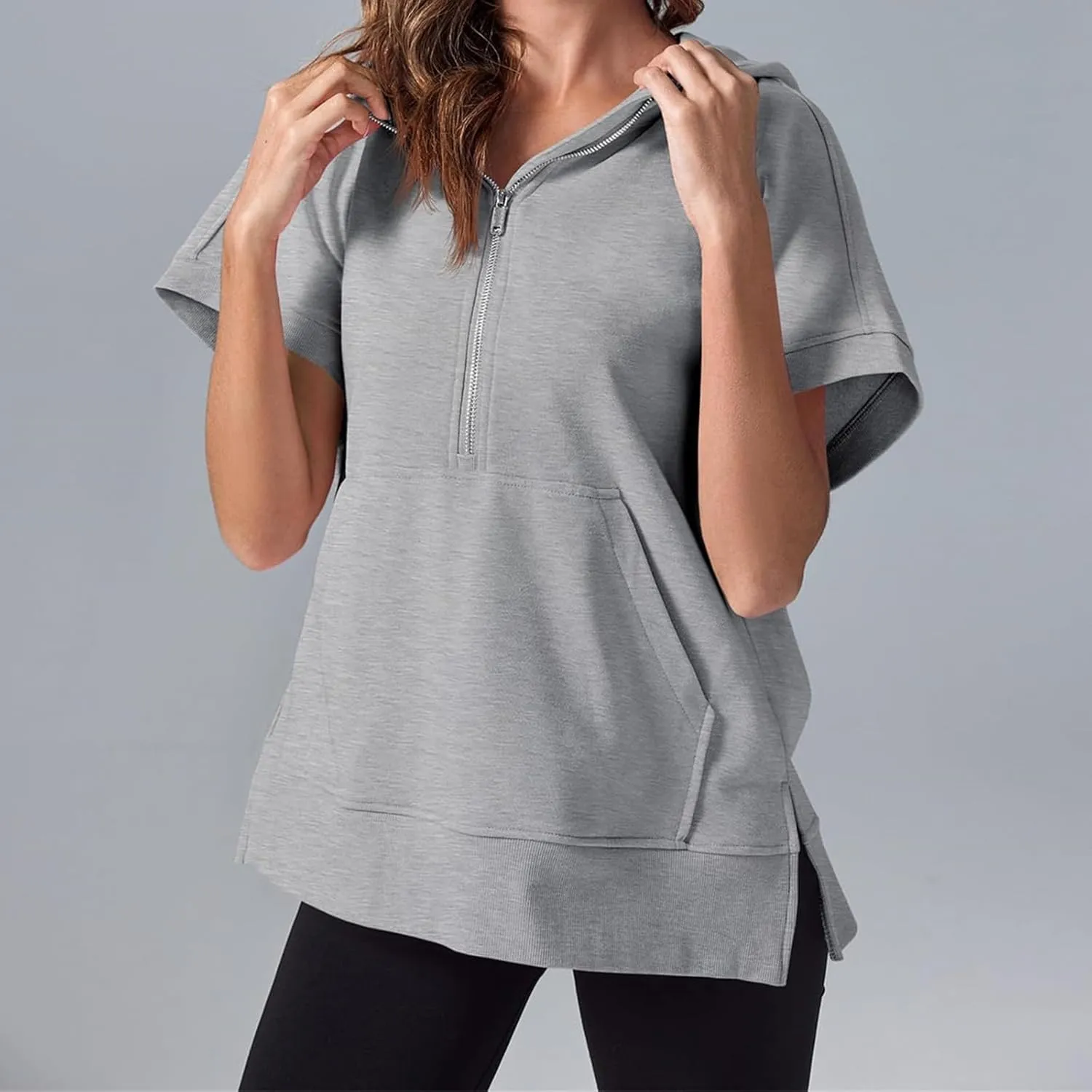 Womens Oversized Half Zip Hoodies Short Sleeve Sweatshirts Casual Loose Fit Shirts Summer Pullover Tops with Pockets