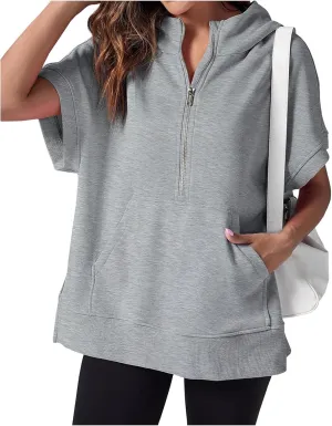 Womens Oversized Half Zip Hoodies Short Sleeve Sweatshirts Casual Loose Fit Shirts Summer Pullover Tops with Pockets