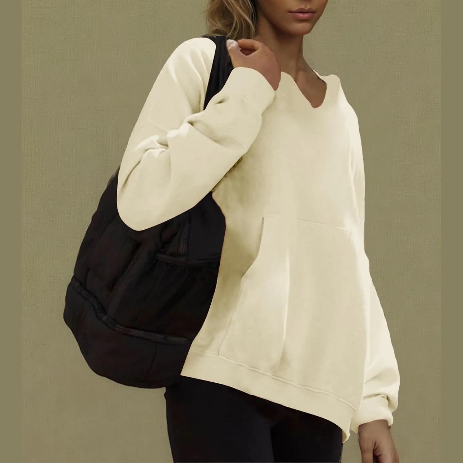 Womens Oversized Hoodies V Neck Sweatshirts Solid Long Sleeve Pullover Casual Fall Clothes 2024 Trendy Hooded Top