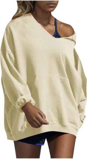 Womens Oversized Hoodies V Neck Sweatshirts Solid Long Sleeve Pullover Casual Fall Clothes 2024 Trendy Hooded Top