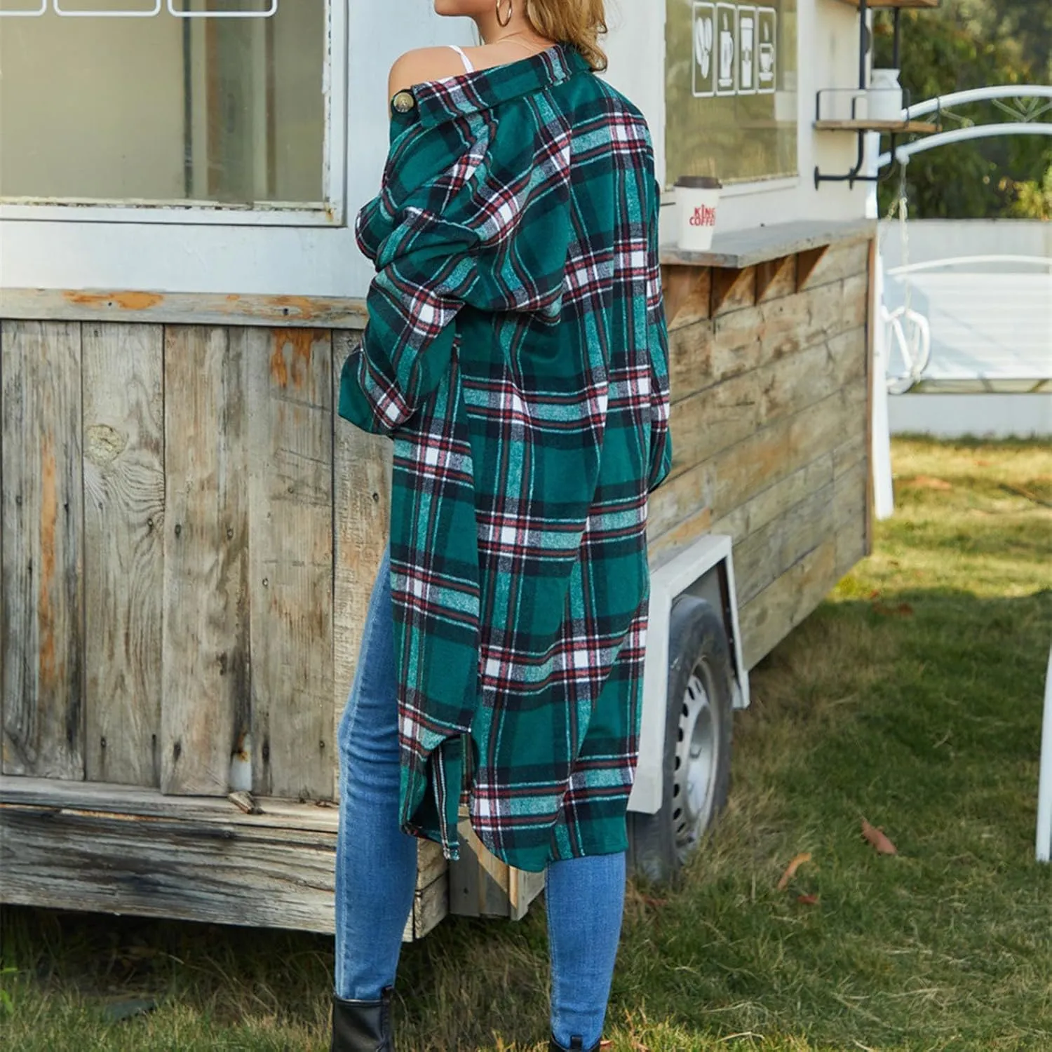 Women's Oversized Loose Jacket, Fashion Long Sleeve Jacquard Plaid Coat Button Down Lapel Flannel Trench Outerwear