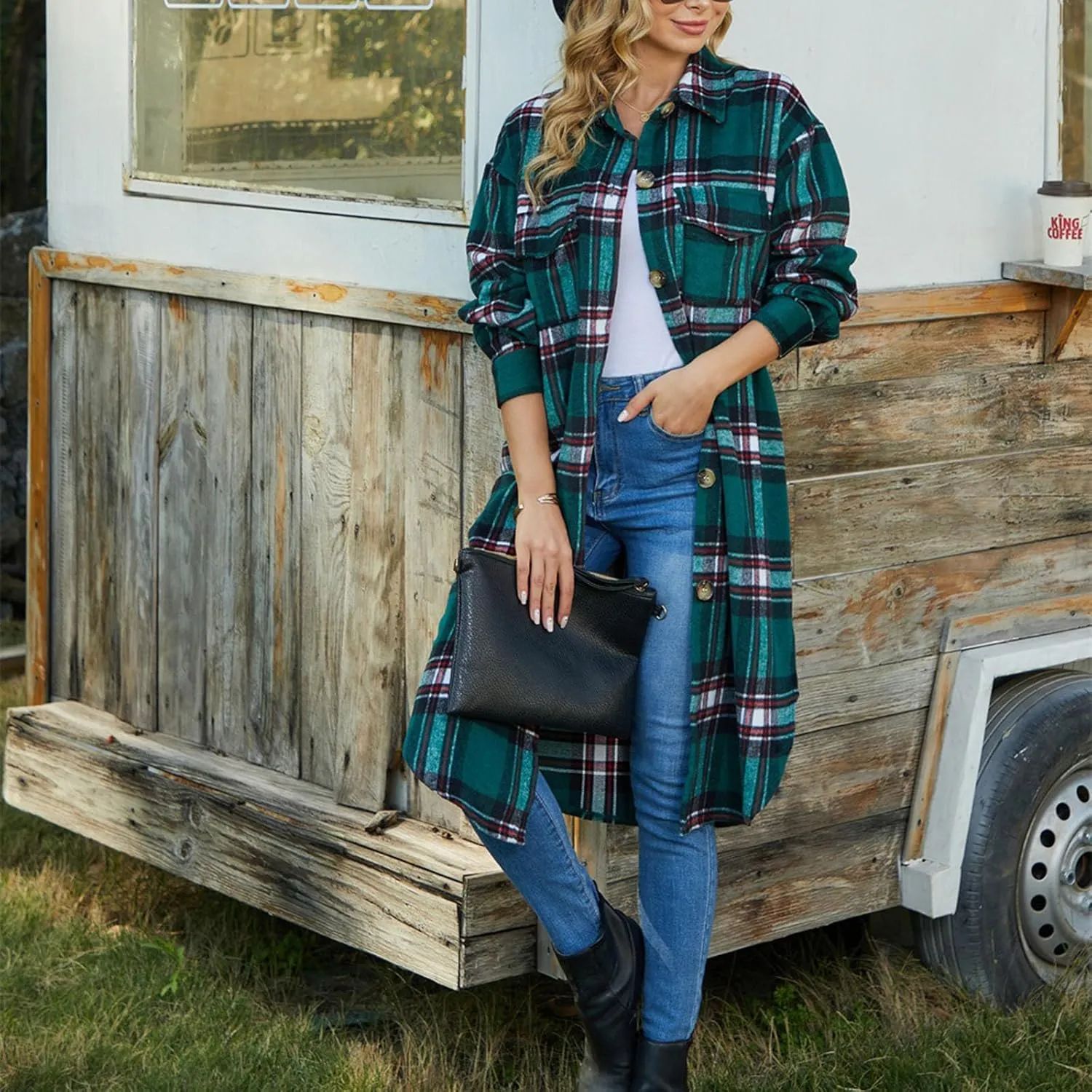 Women's Oversized Loose Jacket, Fashion Long Sleeve Jacquard Plaid Coat Button Down Lapel Flannel Trench Outerwear