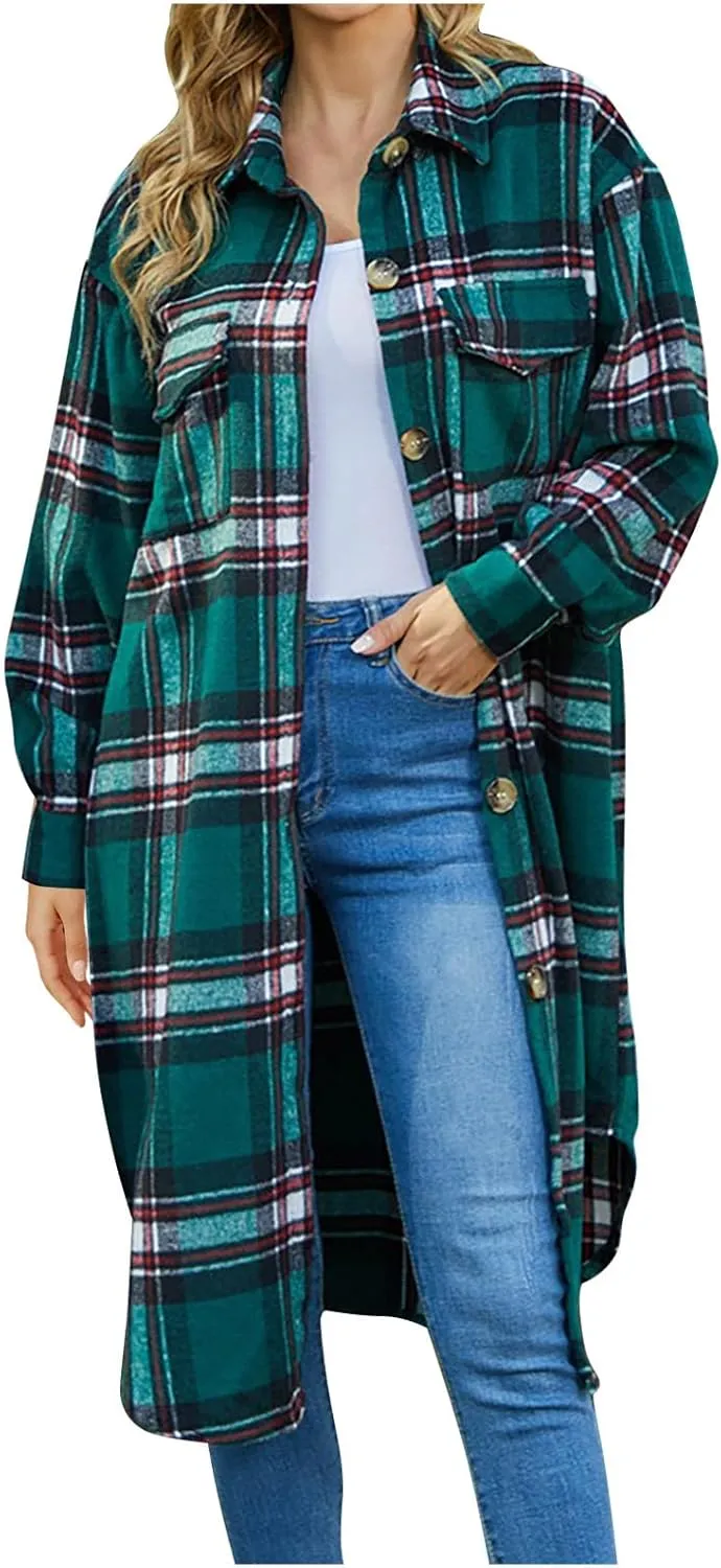 Women's Oversized Loose Jacket, Fashion Long Sleeve Jacquard Plaid Coat Button Down Lapel Flannel Trench Outerwear