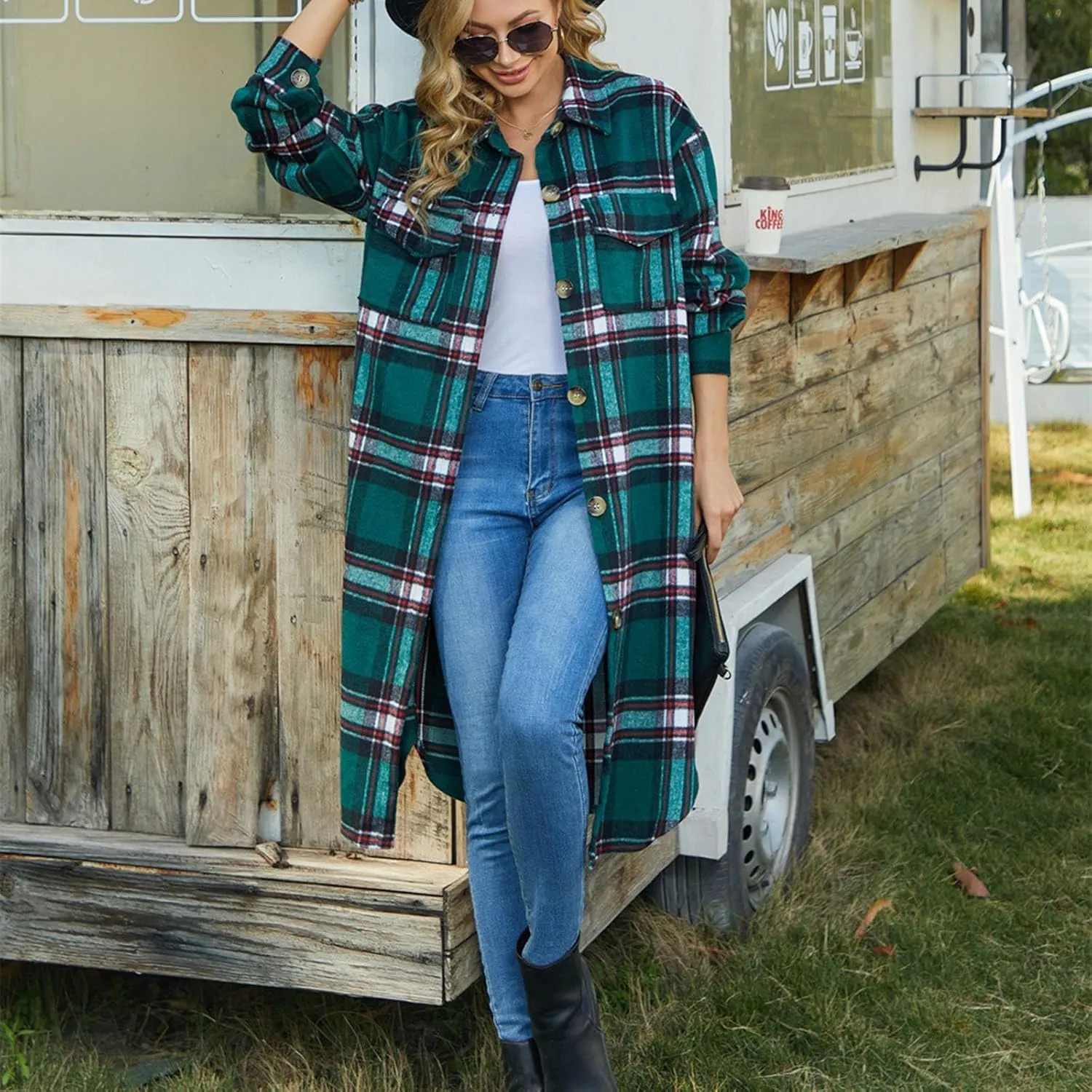 Women's Oversized Loose Jacket, Fashion Long Sleeve Jacquard Plaid Coat Button Down Lapel Flannel Trench Outerwear