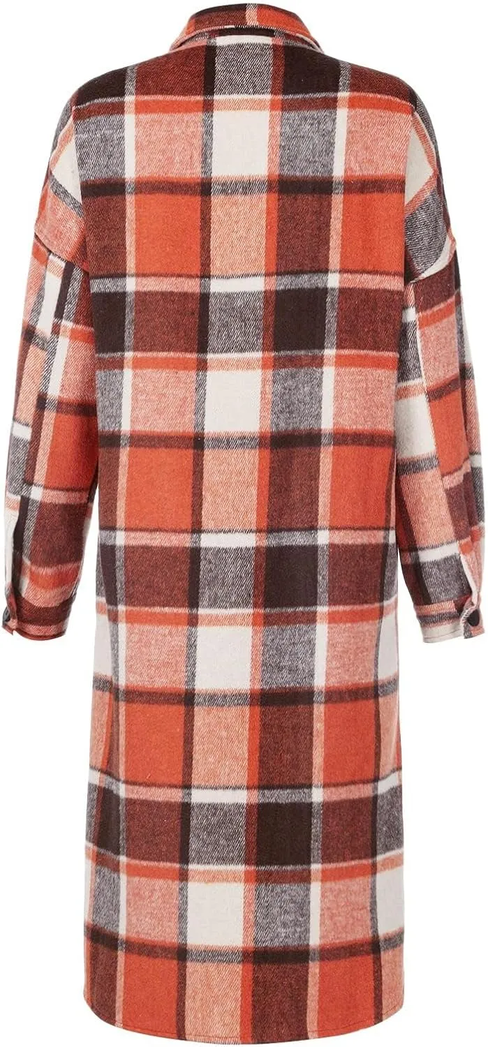 Womens Oversized Plaid Flannel Shirt Lightweight Button Down Long Shacket Jacket Casual Long Sleeve Trench Coats