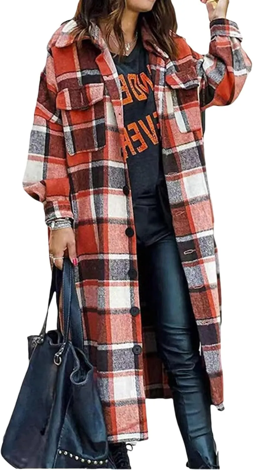 Womens Oversized Plaid Flannel Shirt Lightweight Button Down Long Shacket Jacket Casual Long Sleeve Trench Coats