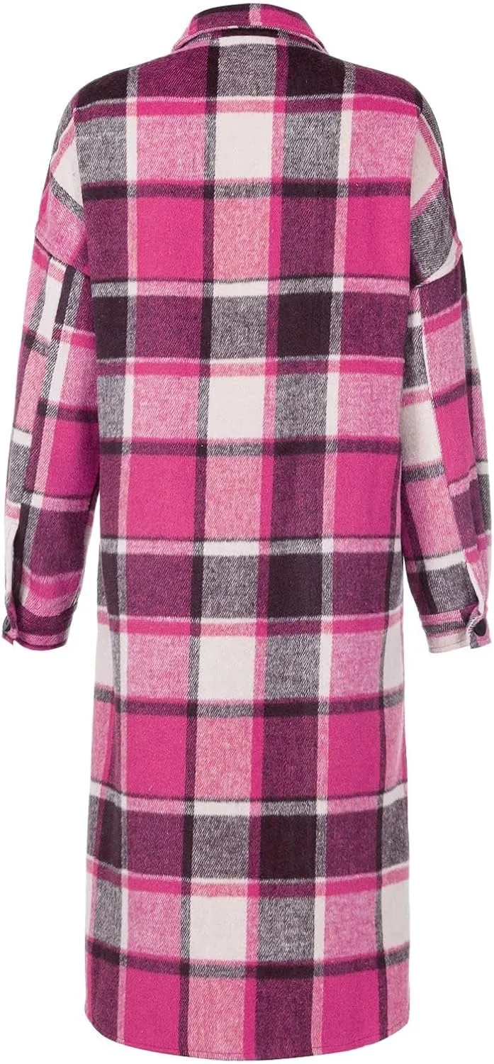 Womens Oversized Plaid Flannel Shirt Lightweight Button Down Long Shacket Jacket Casual Long Sleeve Trench Coats