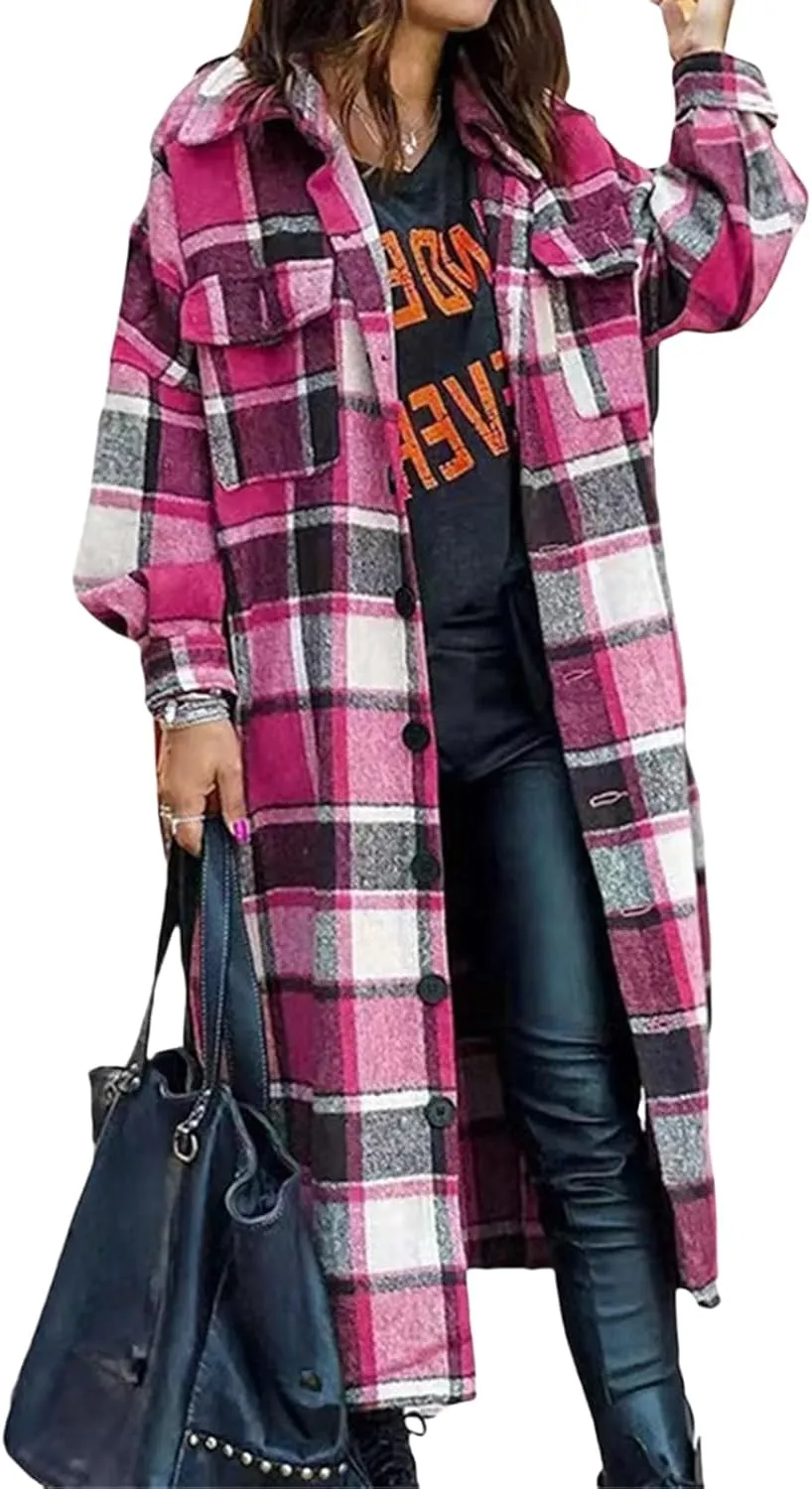 Womens Oversized Plaid Flannel Shirt Lightweight Button Down Long Shacket Jacket Casual Long Sleeve Trench Coats