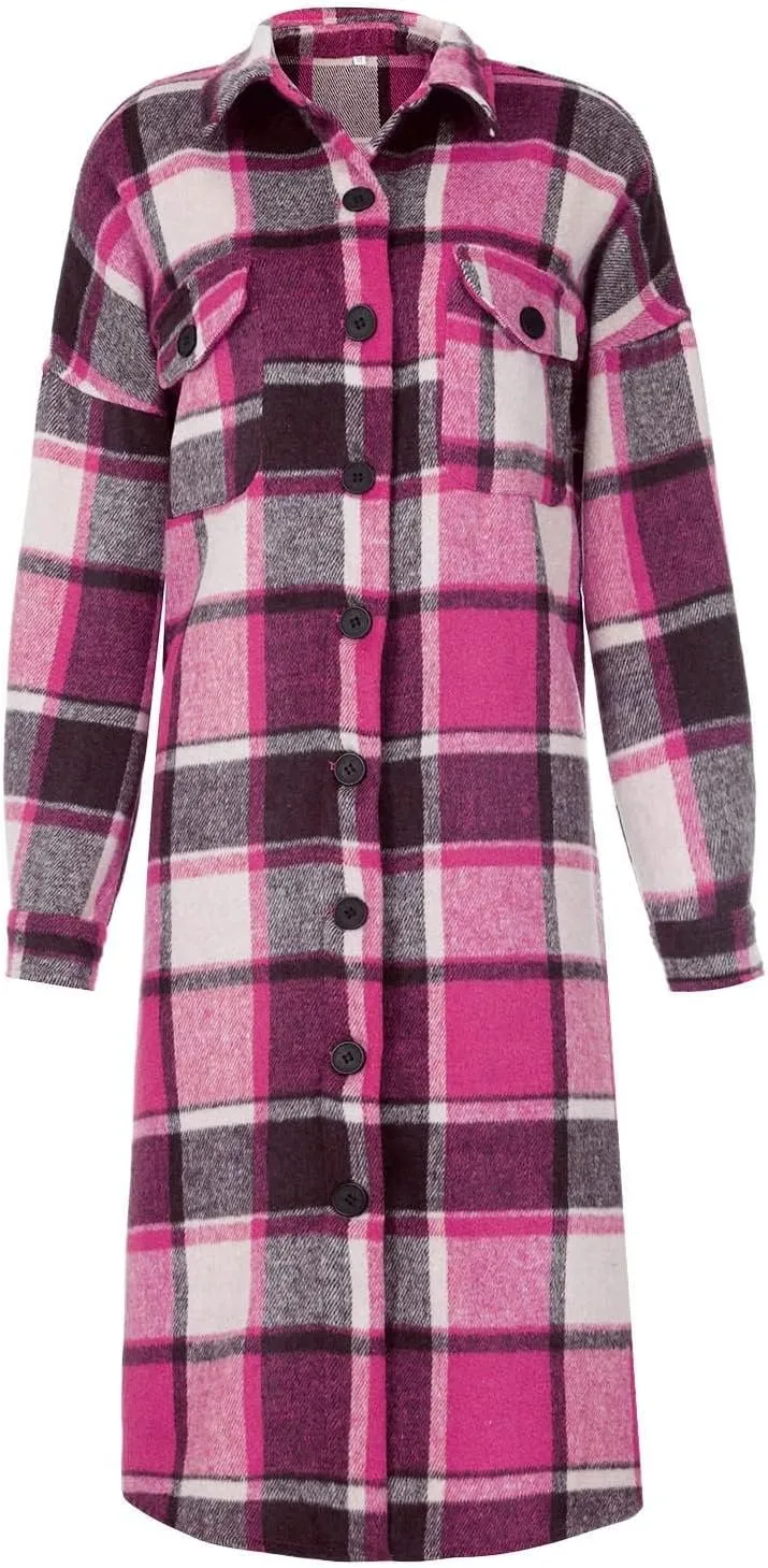Womens Oversized Plaid Flannel Shirt Lightweight Button Down Long Shacket Jacket Casual Long Sleeve Trench Coats