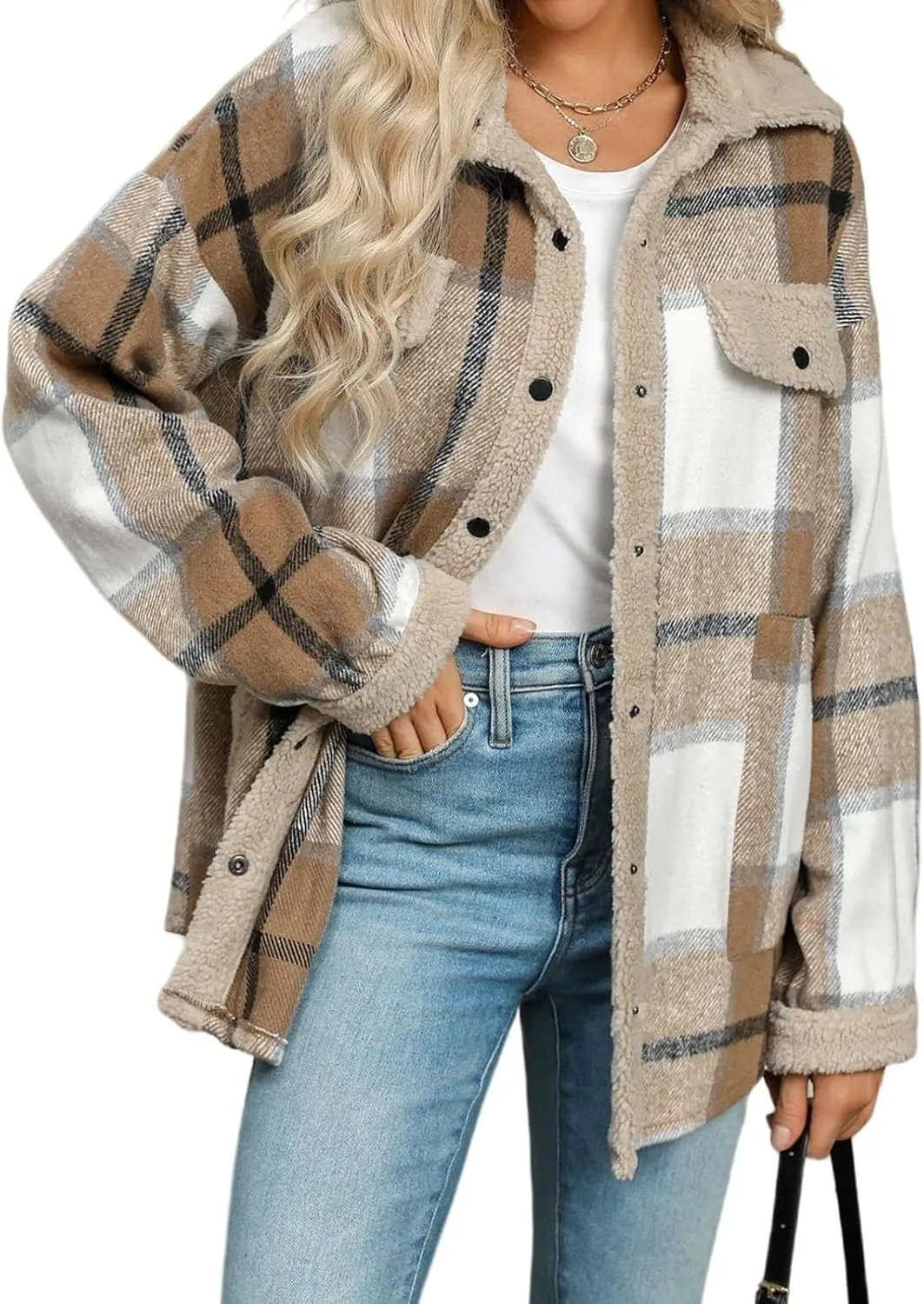 Womens Plaid Shacket Jacket Fall Outfits Flannel Plaid Button Down Warm Coat Fuzzy Fleece Open Front Shirts Jackets