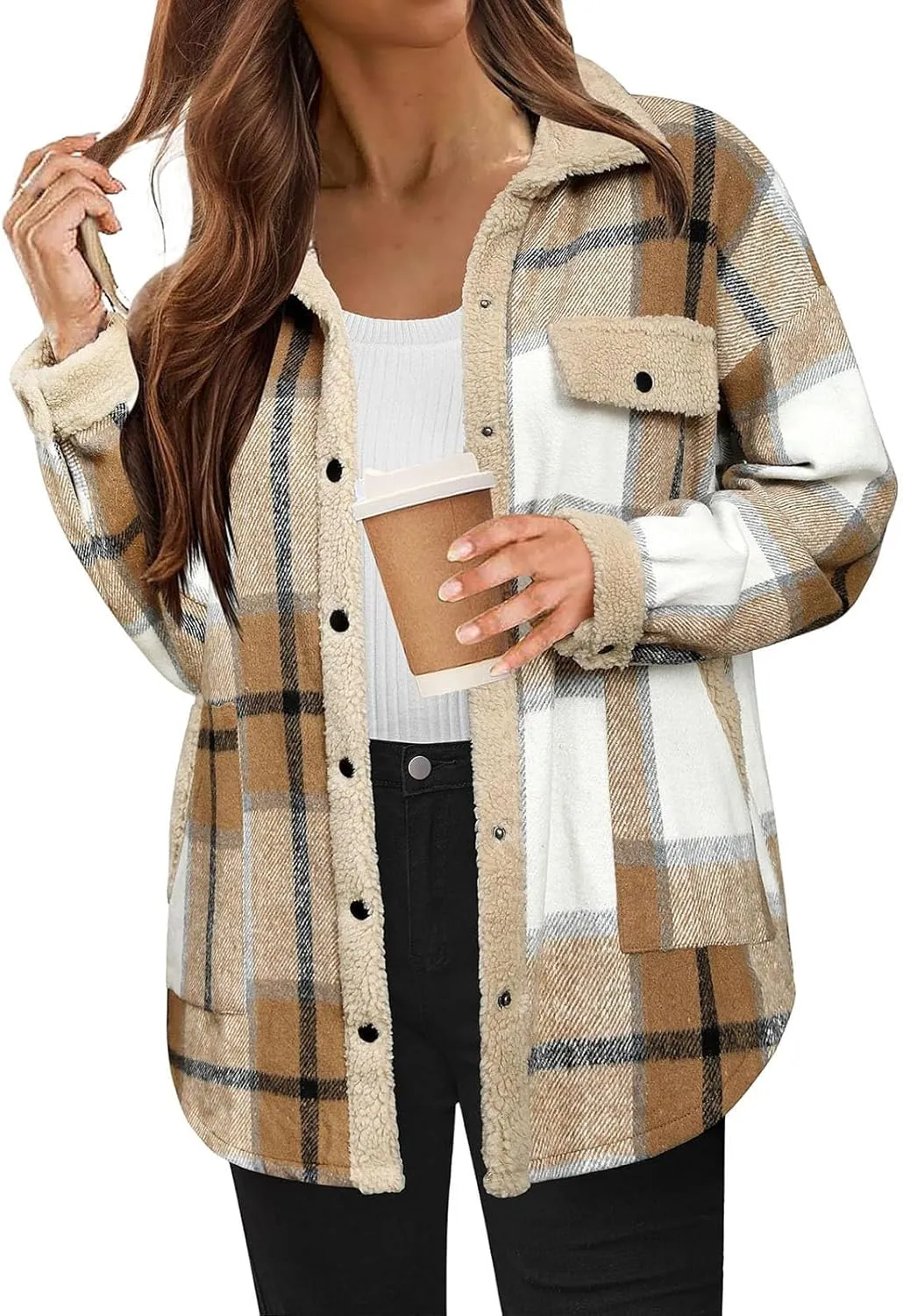 Womens Plaid Shacket Jacket Fall Outfits Flannel Plaid Button Down Warm Coat Fuzzy Fleece Open Front Shirts Jackets