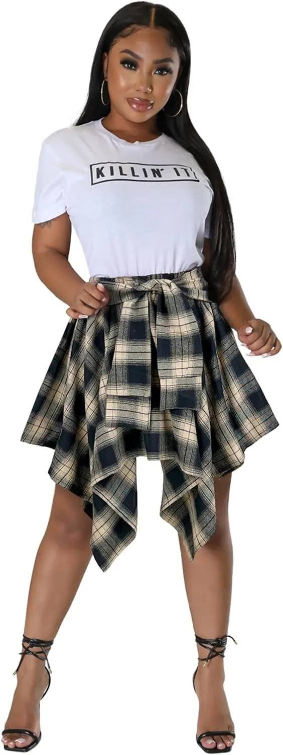 Women's Plaid Skirts High Waisted Knot Front Asymmetrical Hem Mini Skater Skirt