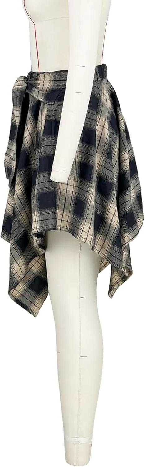 Women's Plaid Skirts High Waisted Knot Front Asymmetrical Hem Mini Skater Skirt
