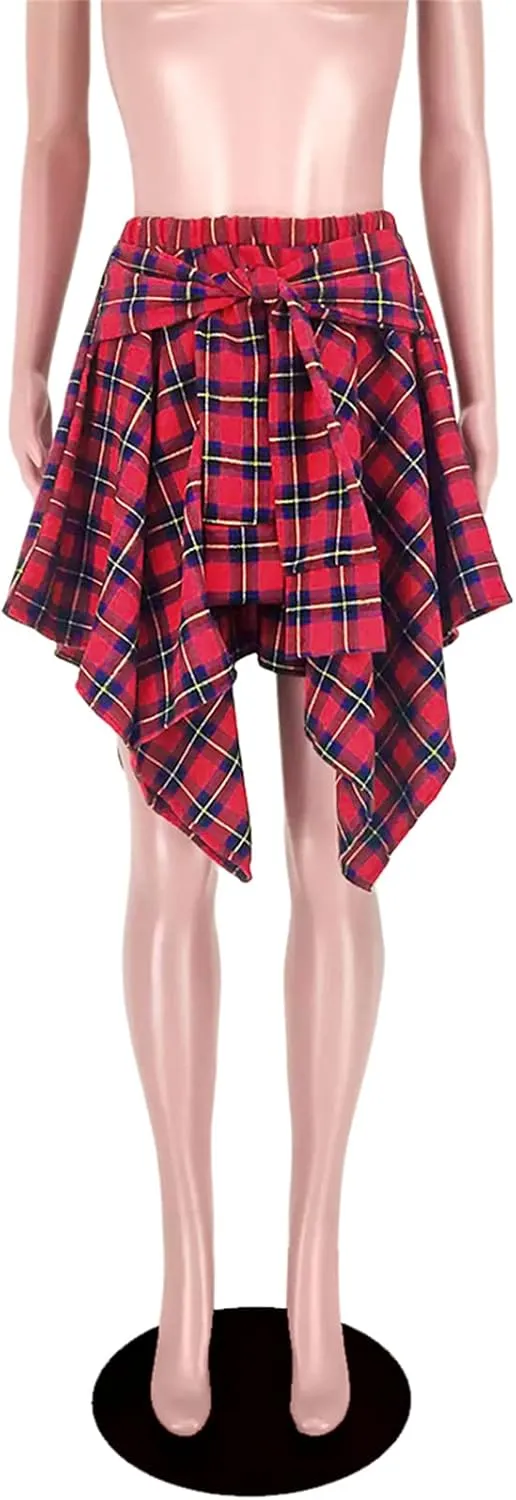 Women's Plaid Skirts High Waisted Knot Front Asymmetrical Hem Mini Skater Skirt