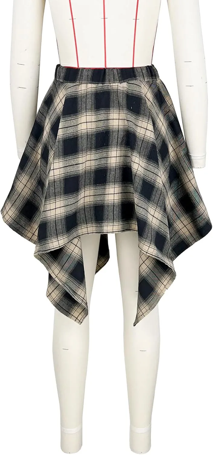 Women's Plaid Skirts High Waisted Knot Front Asymmetrical Hem Mini Skater Skirt