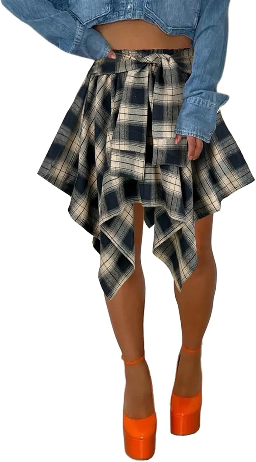 Women's Plaid Skirts High Waisted Knot Front Asymmetrical Hem Mini Skater Skirt