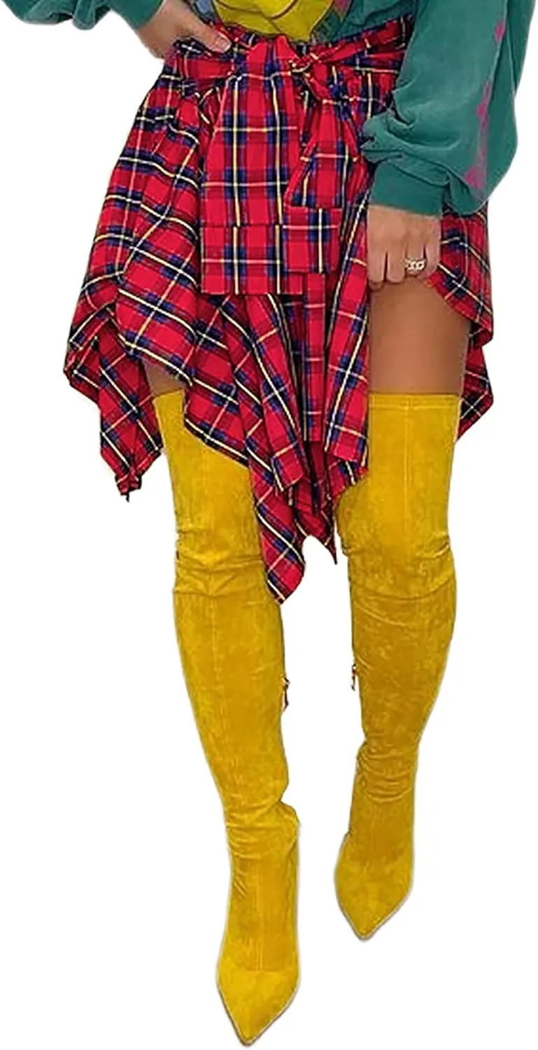 Women's Plaid Skirts High Waisted Knot Front Asymmetrical Hem Mini Skater Skirt