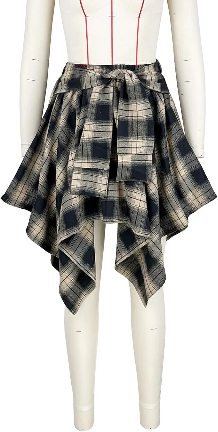 Women's Plaid Skirts High Waisted Knot Front Asymmetrical Hem Mini Skater Skirt