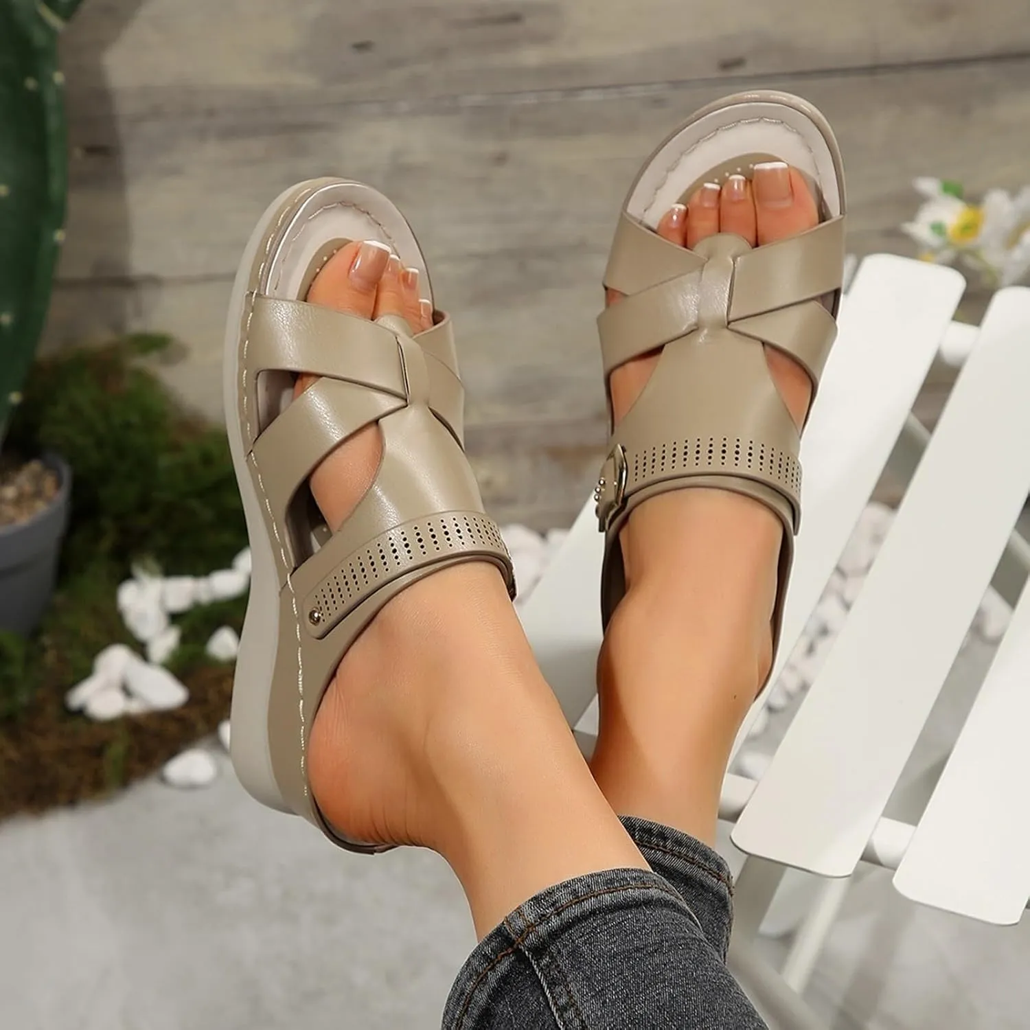 Women's Platform & Wedge Sandals Arch Support Slides Orthopedic Walking Sandals, Open Toe Hollow Out Buckle Sandal Comfortable Plantar Fasciitis Orthotic Wedges Slip on Platform Slippers