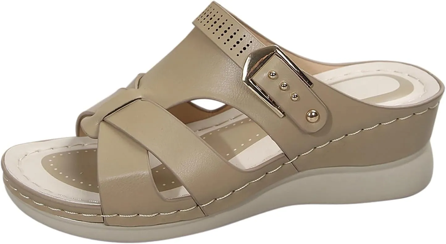 Women's Platform & Wedge Sandals Arch Support Slides Orthopedic Walking Sandals, Open Toe Hollow Out Buckle Sandal Comfortable Plantar Fasciitis Orthotic Wedges Slip on Platform Slippers