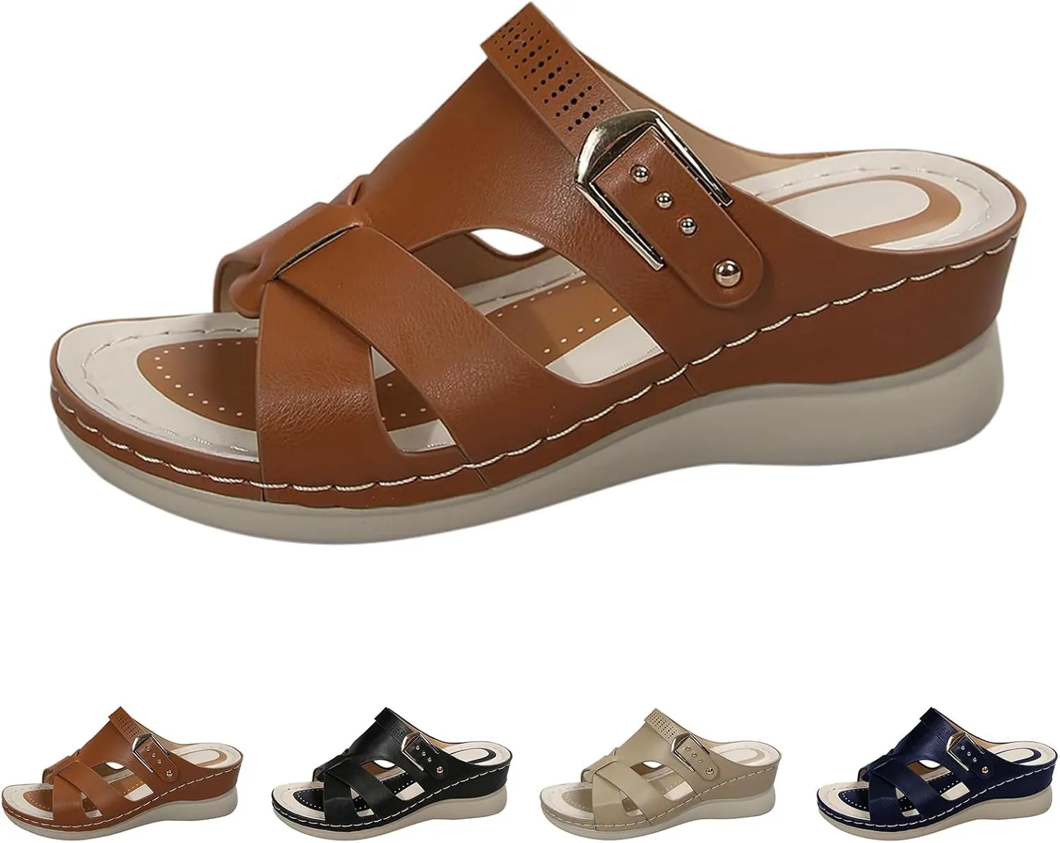 Women's Platform & Wedge Sandals Arch Support Slides Orthopedic Walking Sandals, Open Toe Hollow Out Buckle Sandal Comfortable Plantar Fasciitis Orthotic Wedges Slip on Platform Slippers