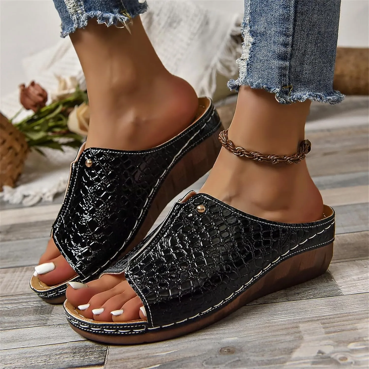 Women's Platform & Wedge Sandals Leather Arch Support Orthopedic Sandals, Summer Slip On Walking Shoes Open Toe Comfortable Platform Orthopedic Slippers Slide Sandal