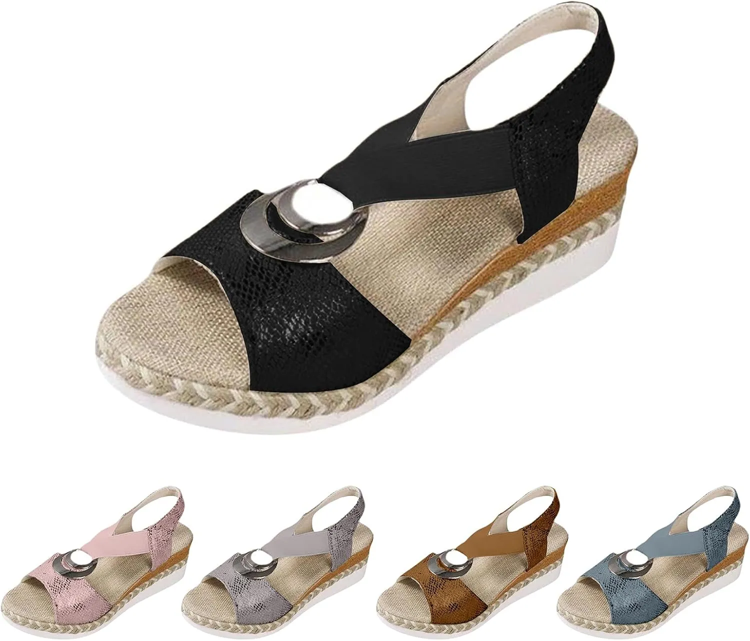 Women's Platform Sandals Slip On Elastic Ankle Strap Open Toe Wedges Summer Dress Shoes Casual Bohemia Outdoor Beach Shoes Dressy Walking Sandal
