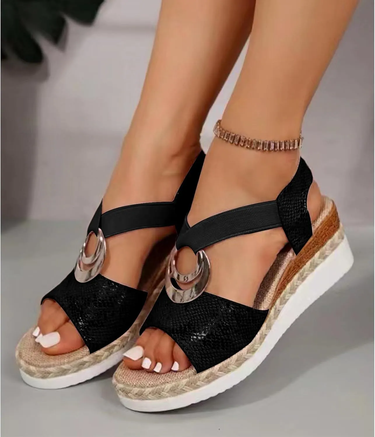 Women's Platform Sandals Slip On Elastic Ankle Strap Open Toe Wedges Summer Dress Shoes Casual Bohemia Outdoor Beach Shoes Dressy Walking Sandal