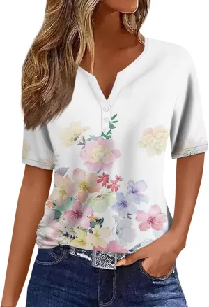 Womens Polo Shirts Short Sleeve Oversized V-Neck Pullover Printed Casual Shirt Top Loose Trendy Button Down T Shirt