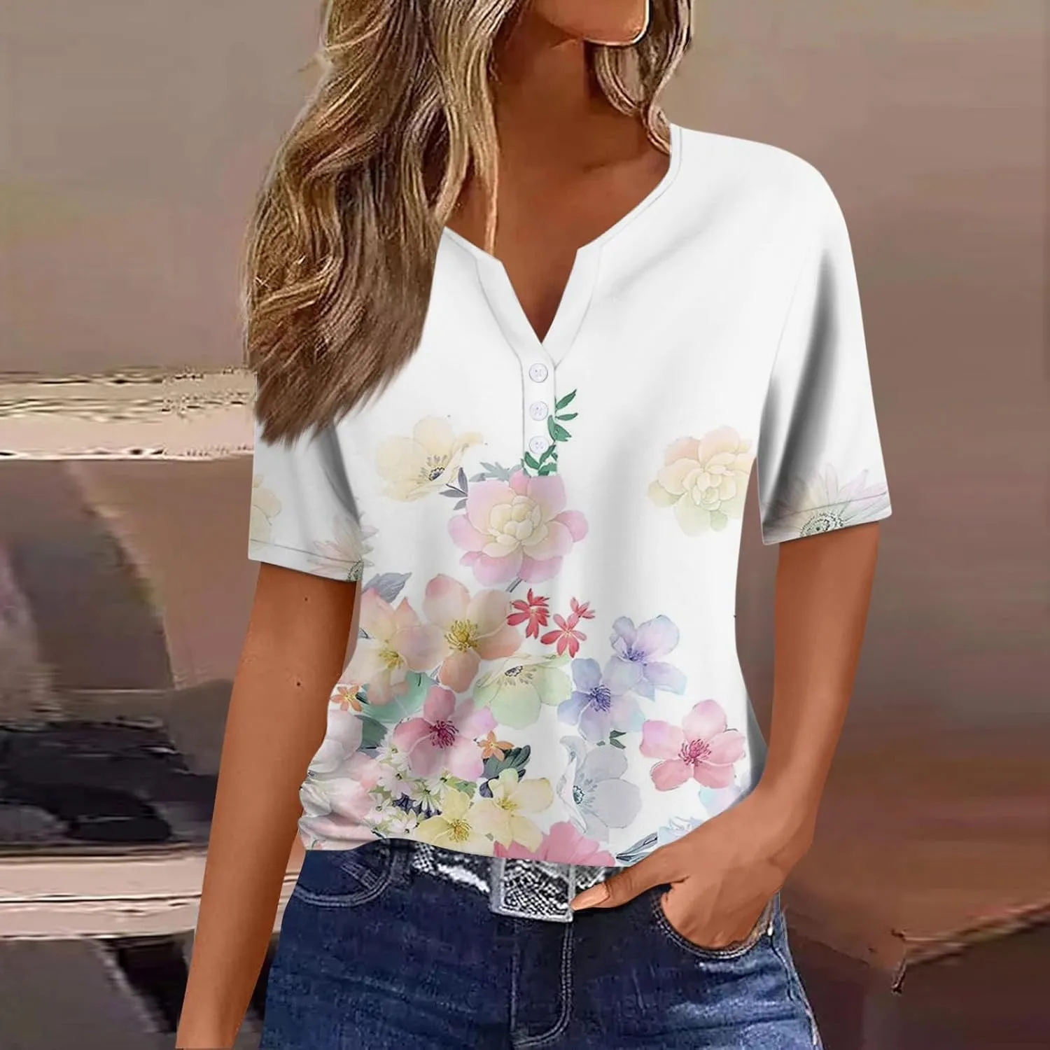 Womens Polo Shirts Short Sleeve Oversized V-Neck Pullover Printed Casual Shirt Top Loose Trendy Button Down T Shirt