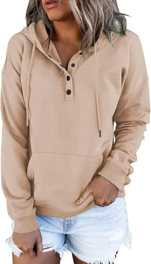 Womens Pure Color Oversized Hoodies Button V Neck Athletic Hooded Sweatshirts Fall Winter Pullover with Pocket
